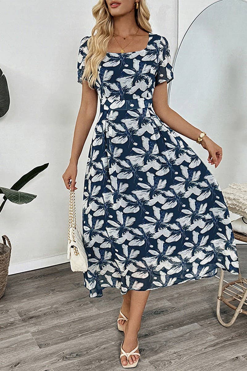 CWDMD5796_VINTAGE FLORAL SQUARE NECK WAISTED DRESS
