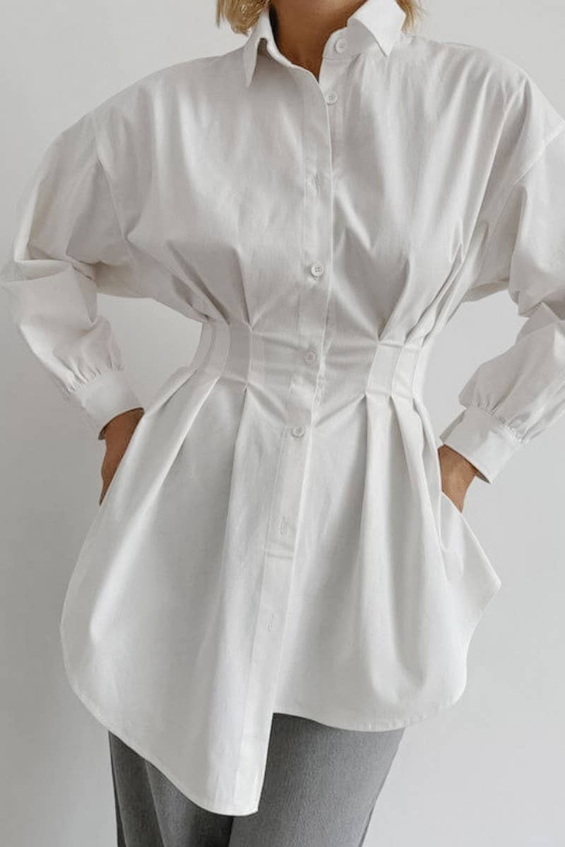 CWTSTL2592_WAISTED LONG-SLEEVED COMMUTER LONG SHIRT