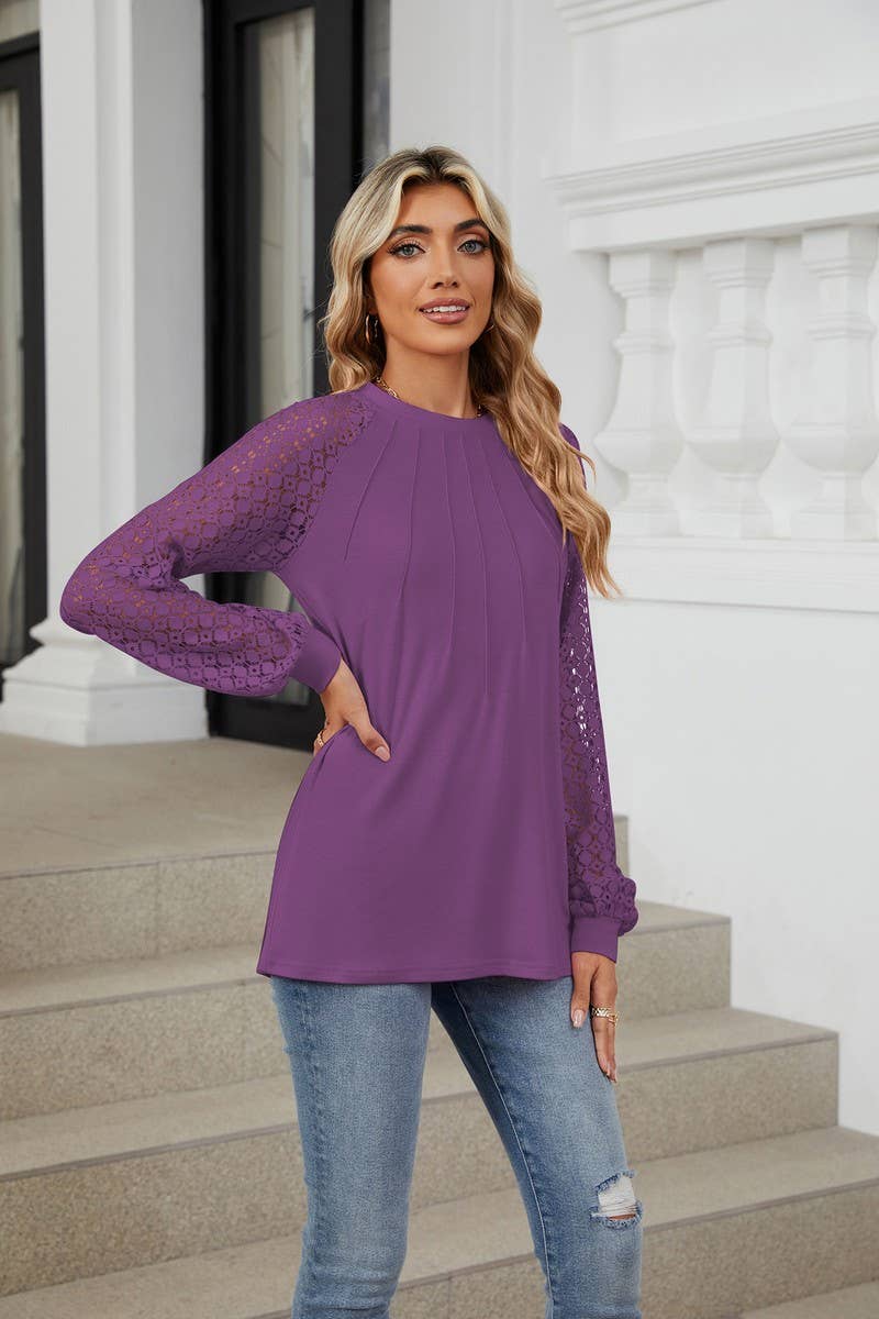 CWTBLL2349_AUTUMN AND WINTER ROUND NECK LACE CASUAL T-SHIRT