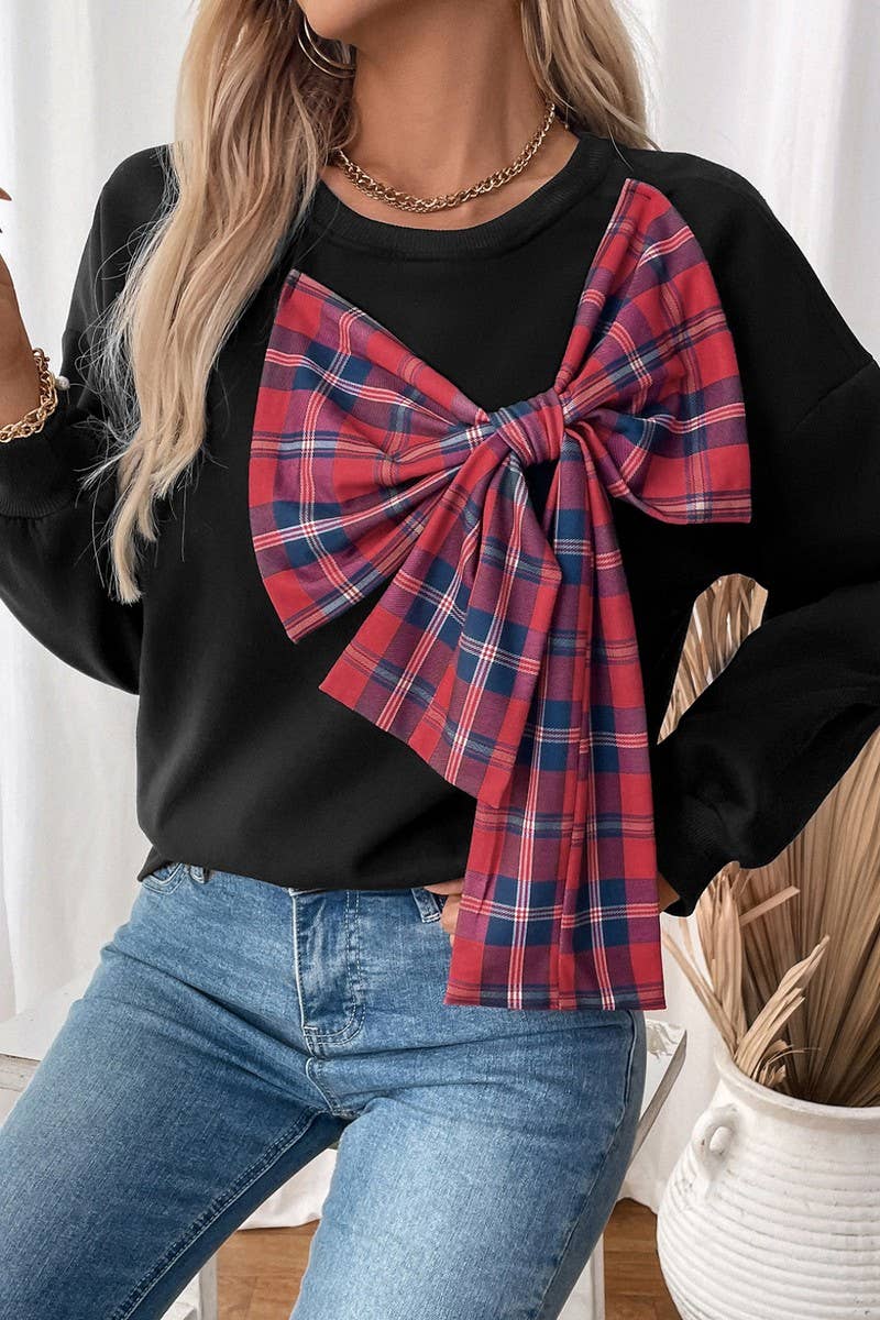 CWTBLL3732_BOW TIE THICKENED ROUND NECK PLAID SWEATSHIRT