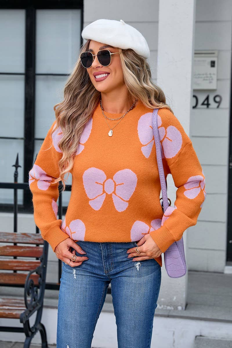 CWOSWL3068_BOW PRINT CREW NECK KNITTED SWEATER