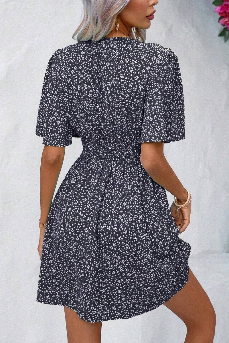 CWDSD7524_SUMMER V-NECK HIGH WAIST FLORAL PLEATED DRESS