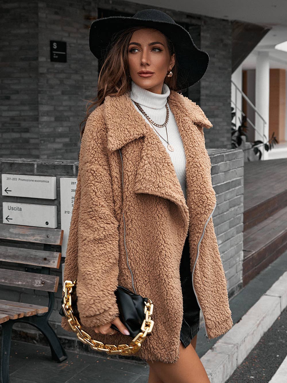 BUBBLY ZIPPER FUR COAT LAPEL WOOL TRENCH COAT