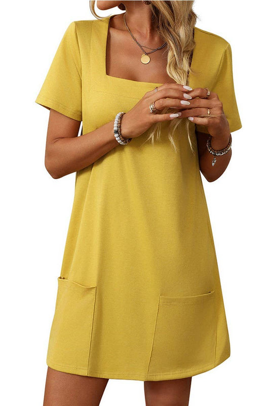 CWDSD7257_SOLID COLOR SQUARE NECK POCKET SHORT SLEEVE DRESS