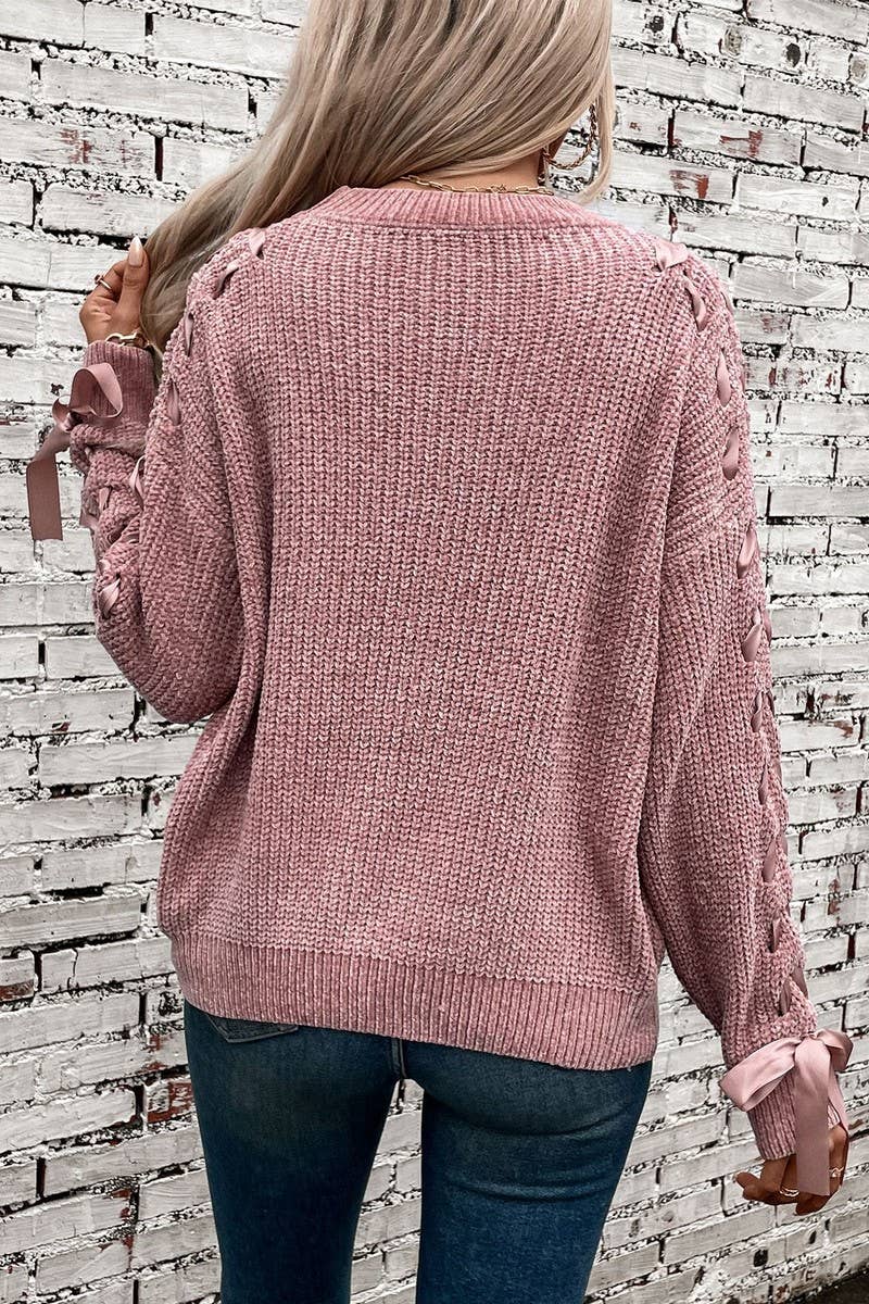 CWOSWL2908_SOLID COLOR BOW PULLOVER KNITTED SWEATER