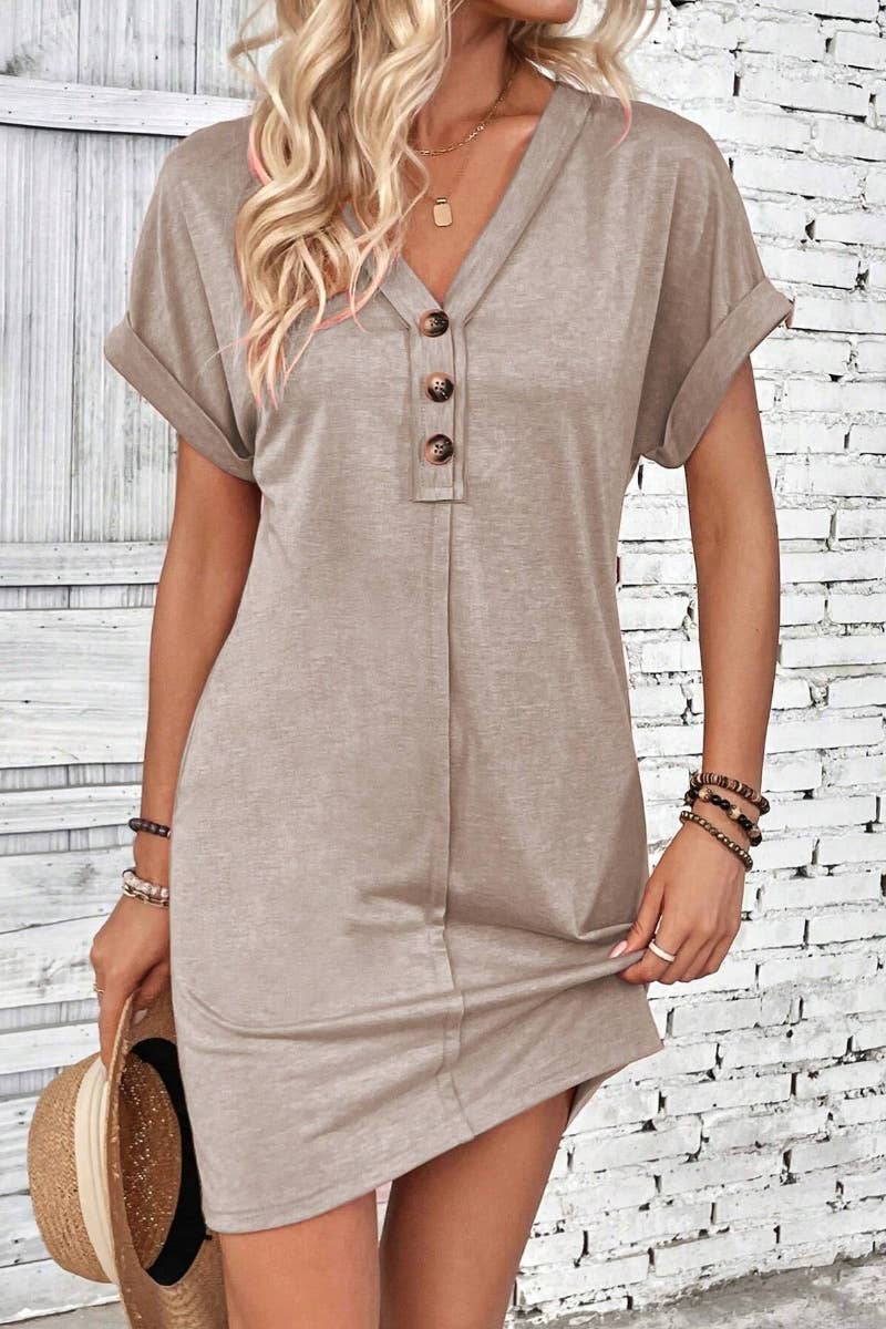 CWDSD4862_SUMMER V-NECK BUTTON-UP SHORT-SLEEVED DRESS SHORT