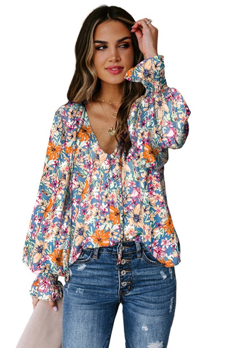 CWTBLL1151_FLORAL CHIFFON LONG SLEEVE V-NECK SHIRT TOP