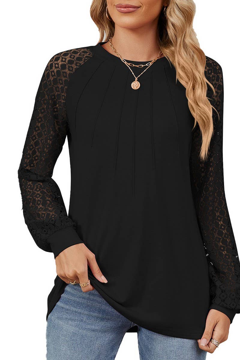 CWTBLL2349_AUTUMN AND WINTER ROUND NECK LACE CASUAL T-SHIRT