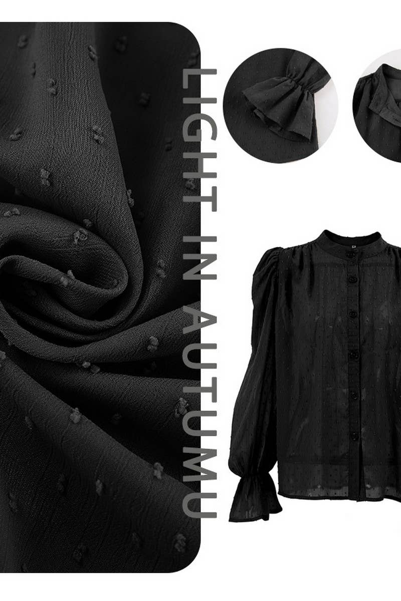 CWTSTL909_SOLID COLOR JACQUARD PUFF SLEEVE LONG SLEEVE TOP