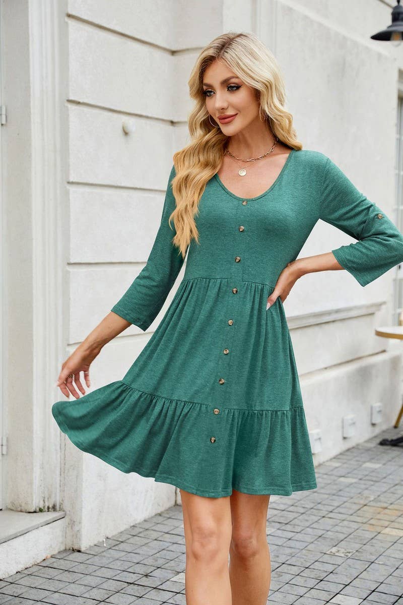 CWDSD8716_V-NECK LONG SLEEVE BUTTON FRONT LOOSE SOLID DRESS