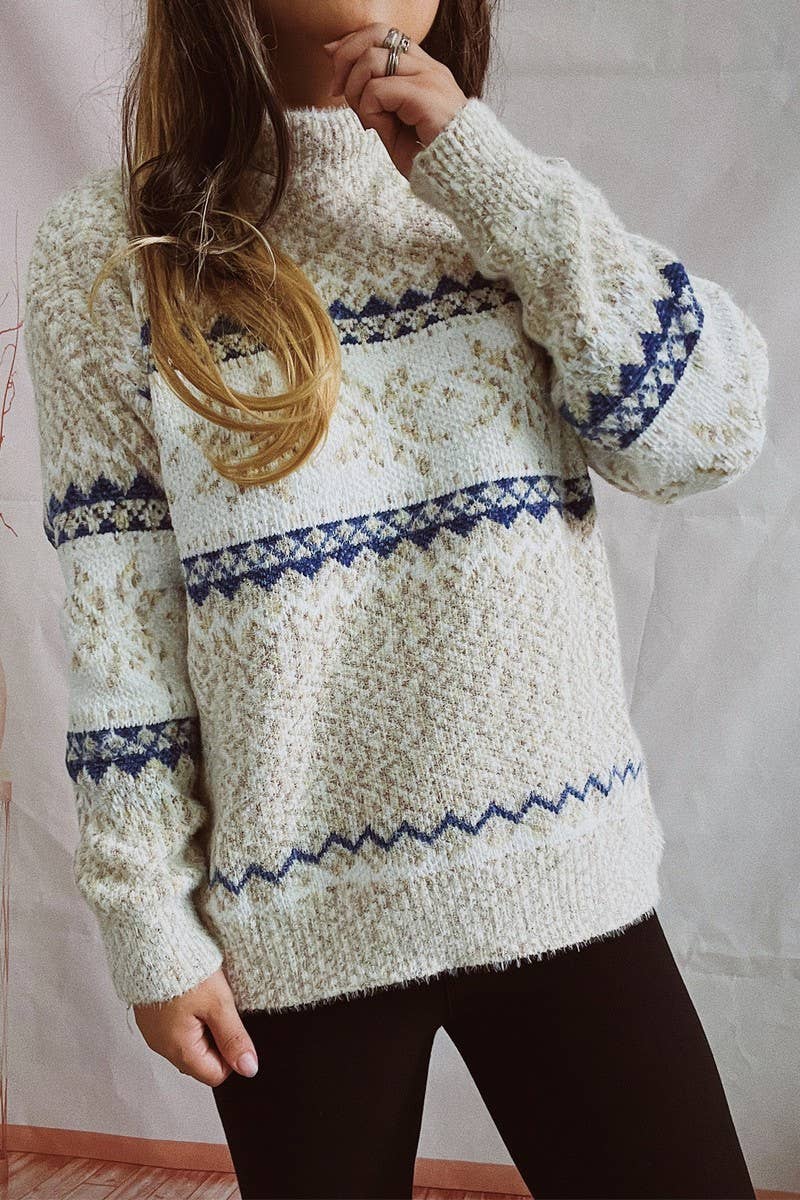 Chenille snowflake jacquard half turtleneck sweater