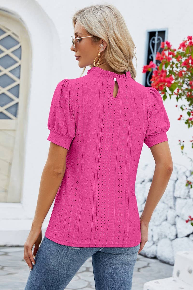 CWTSTS0364_PUFFY SLEEVE LOOSE HOLLOW-OUT PLEATED T SHIRT