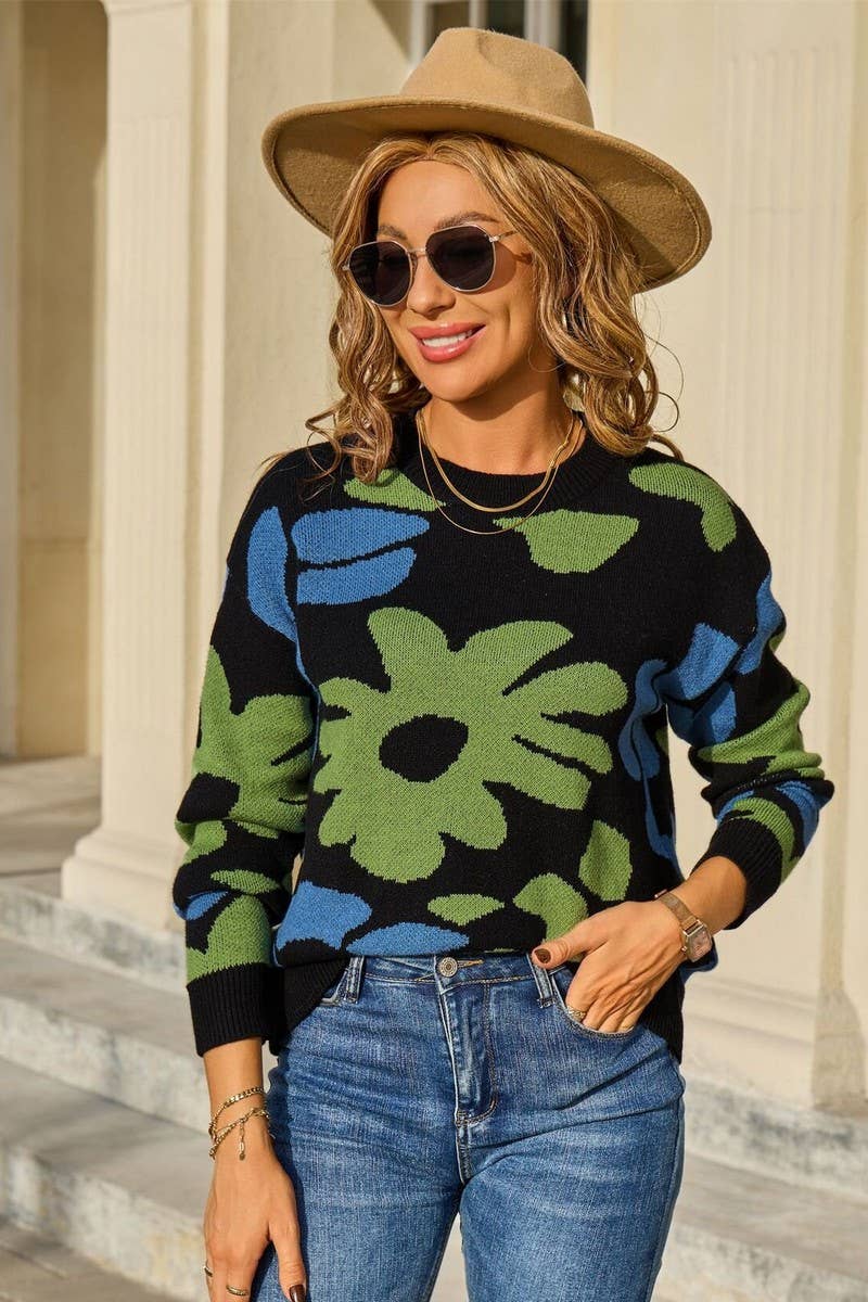 CWOSWL07600_FLORAL PRINT LONG SLEEVE KNIT SWEATER