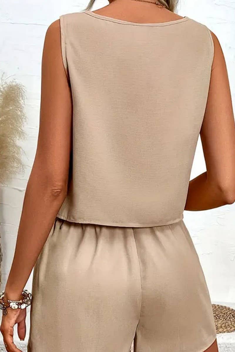 CWSS1123_LOTUS LEAF TIE BOW SOLID COLOR TWO-PIECE SET