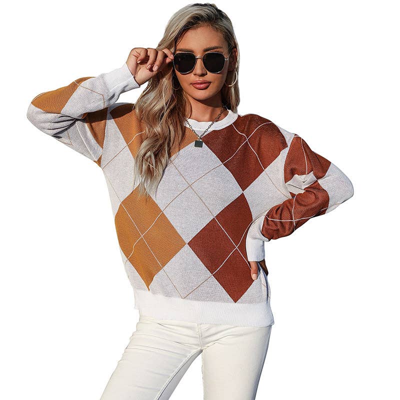 Crew neck pullover knitted diamond check sweater