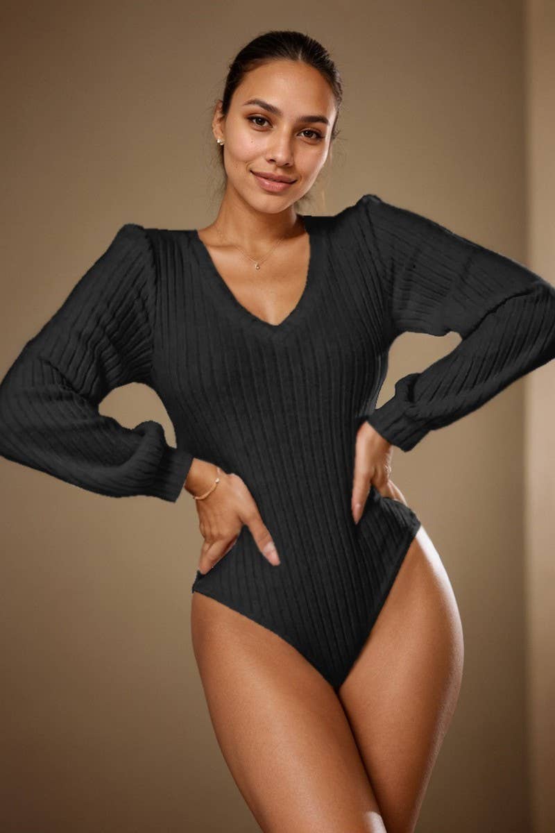CWSBSL0155_V NECK LANTERN SLEEVE KNIT BODYSUIT