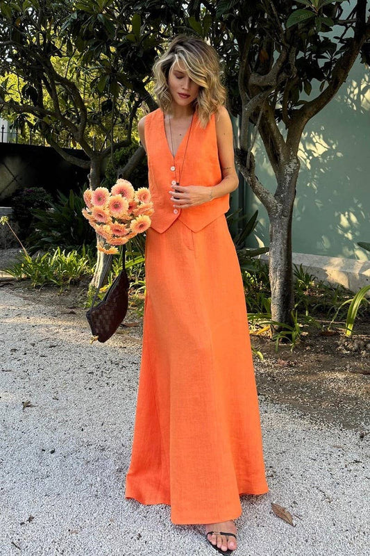 CWSS1136_SOLID LINEN VEST AND LONG A-LINE SKIRT SET