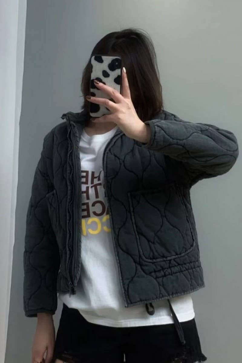 CWOCO1078_STAND COLLAR LARGE POCKET QUILTED COTTON COAT