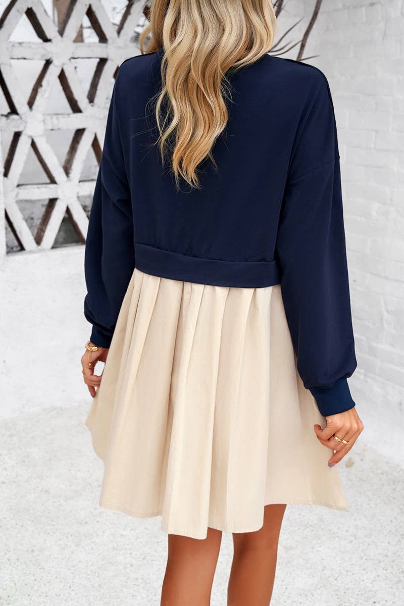 CWDSD2324_Round Neck Long Sleeve Patchwork Short Dress