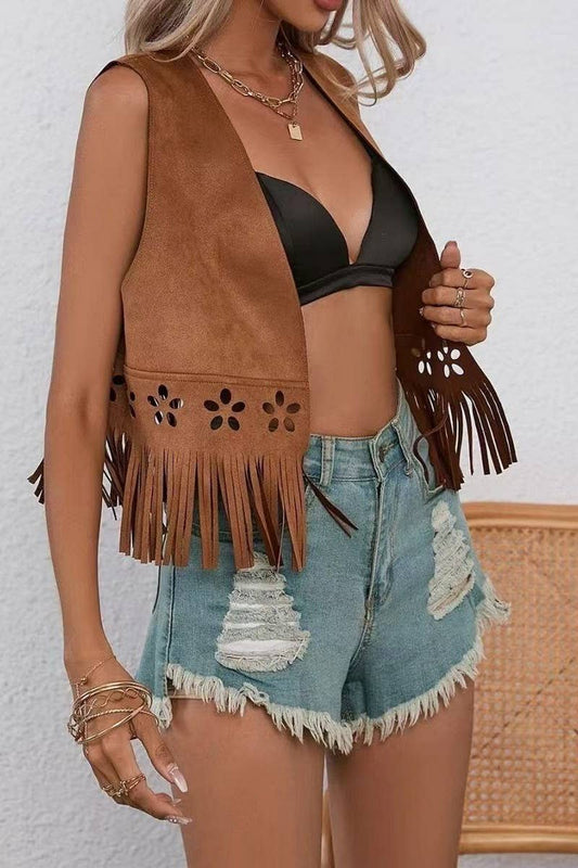 CWOCASL0050_SUMMER NEW WOMEN'S HOLLOW TASSEL VEST