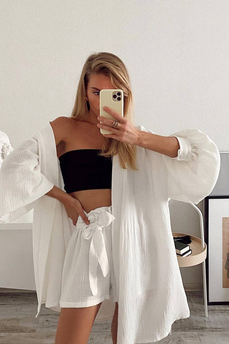 CWSPJ0301_PURE COTTON ROBE SHORTS PAJAMAS TWO PIECE SET