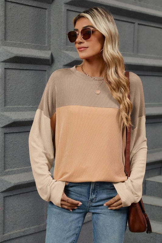 CWTBLL1885_FALL CREW NECK LONG SLEEVE COLOR CONTRAST TOP