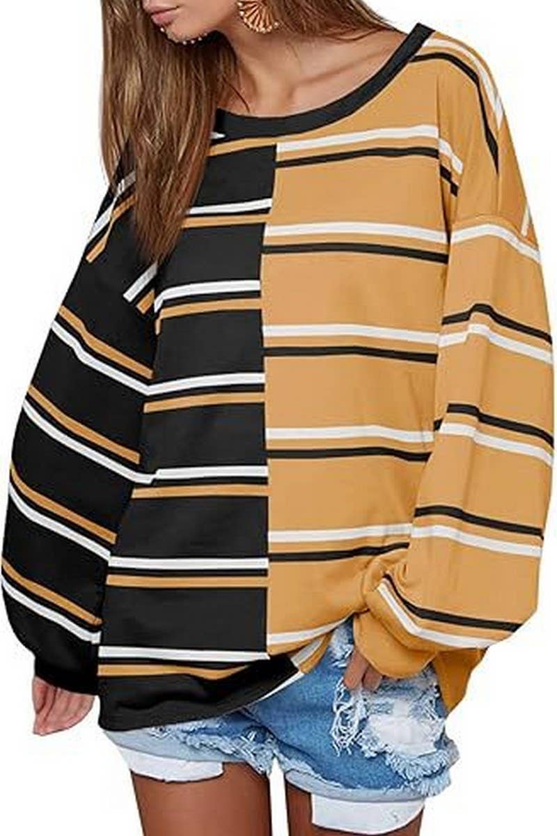 CWTBLL3903_LOOSE CASUAL STRIPED KNIT LONG SLEEVE SWEATSHIRT