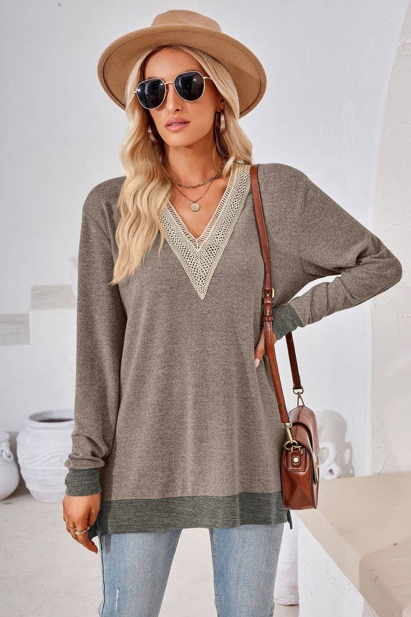 CWTBLL3660_AUTUMN NEW V-NECK LACE SOLID COLOR LOOSE T-SHIRT