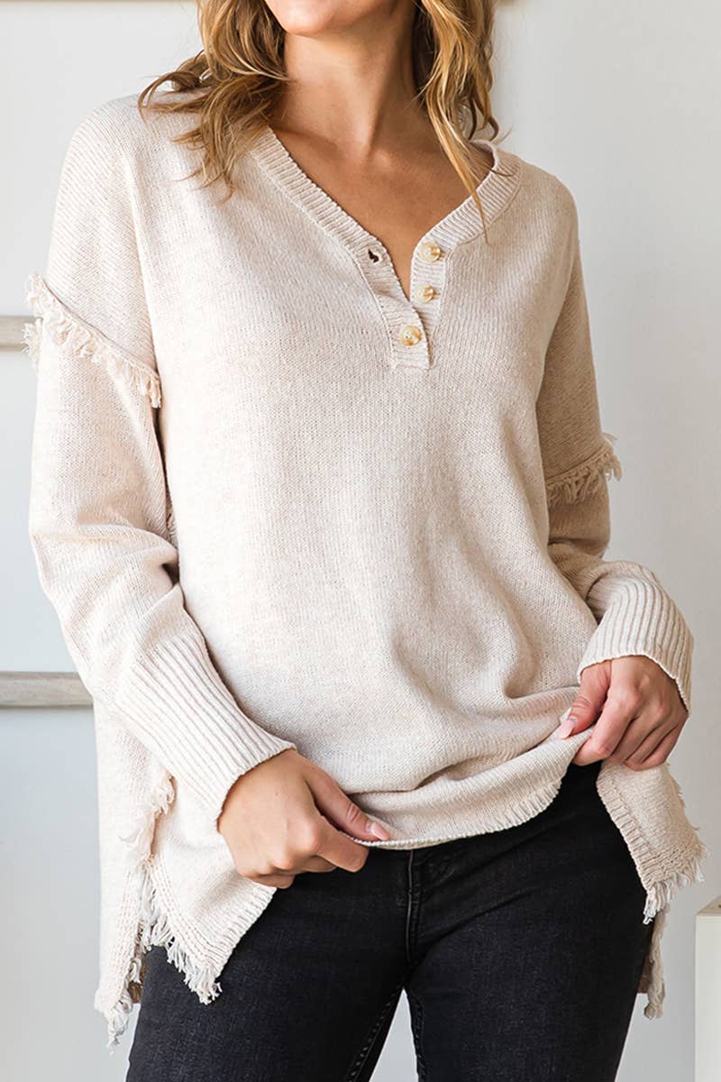 CWOSWL646-P_BUTTON DOWN FRINGE SHOULDER SWEATER KNIT TOP