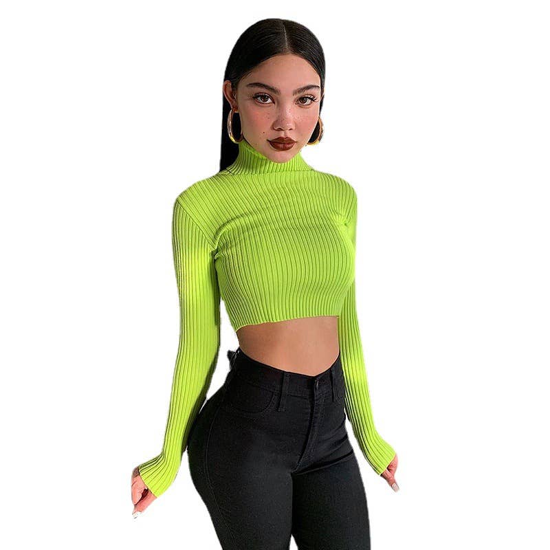 Crop top long sleeve solid-color knitted sweater