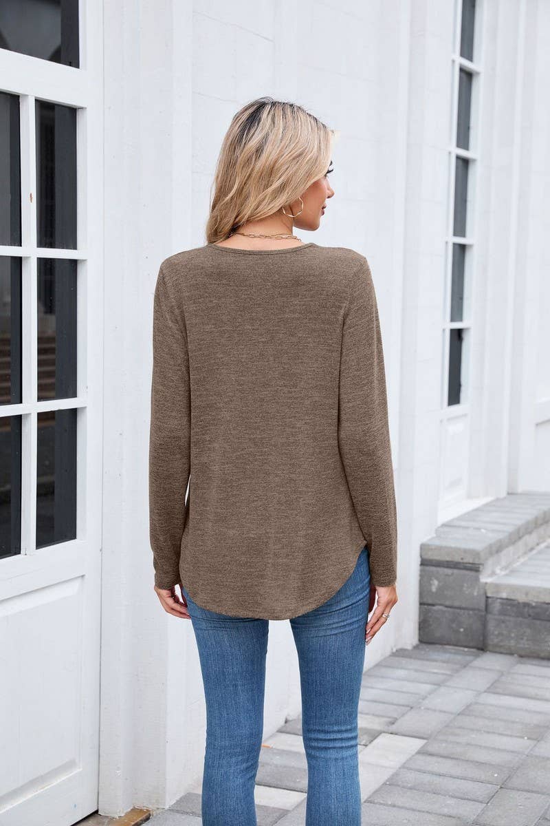 CWTBLL01303_V NECK RUCHED LONG SLEEVE CASUAL LOOSE TEE