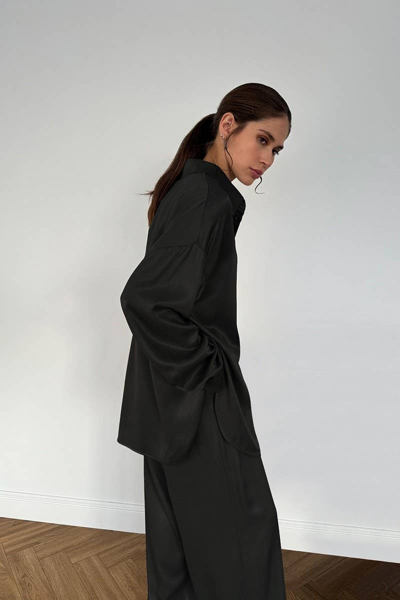CWSPJ0242_SATIN LONG-SLEEVED TROUSERS PAJAMAS HOME CLOTHES