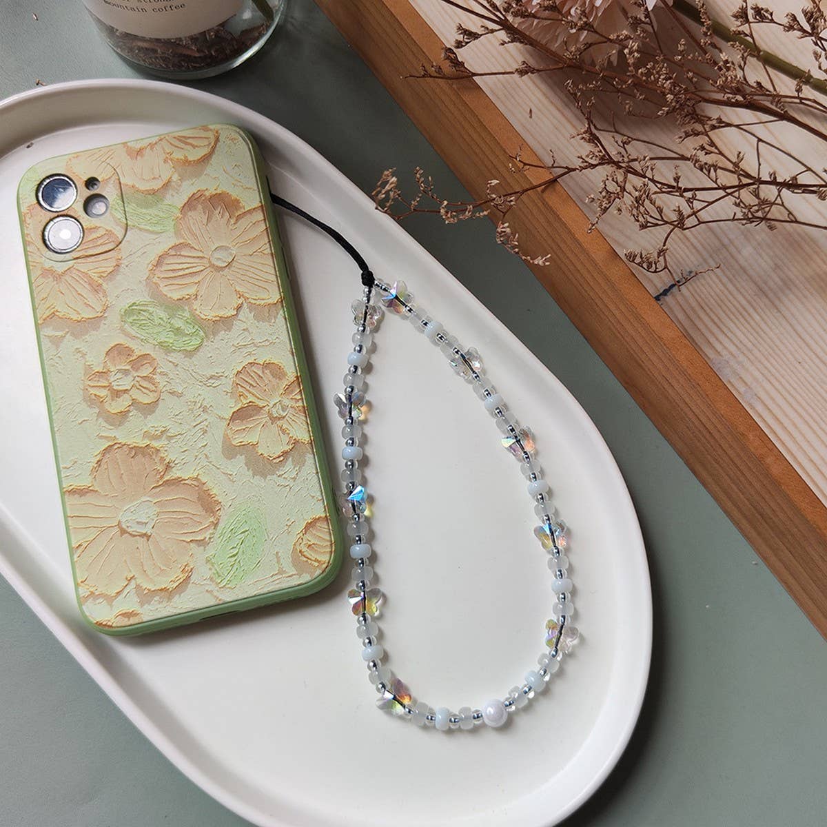 CWMM8729_CRYSTAL BUTTERFLY BLACK ROSE BEADED PHONE CHAIN