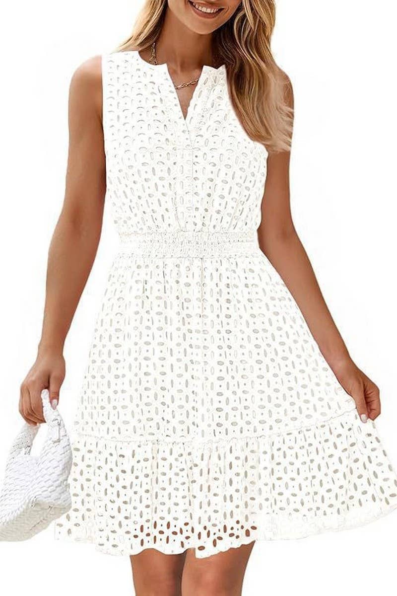 CWDSD8008_SUMMER V-NECK HOLLOW EYELET HIGH WAIST DRESS