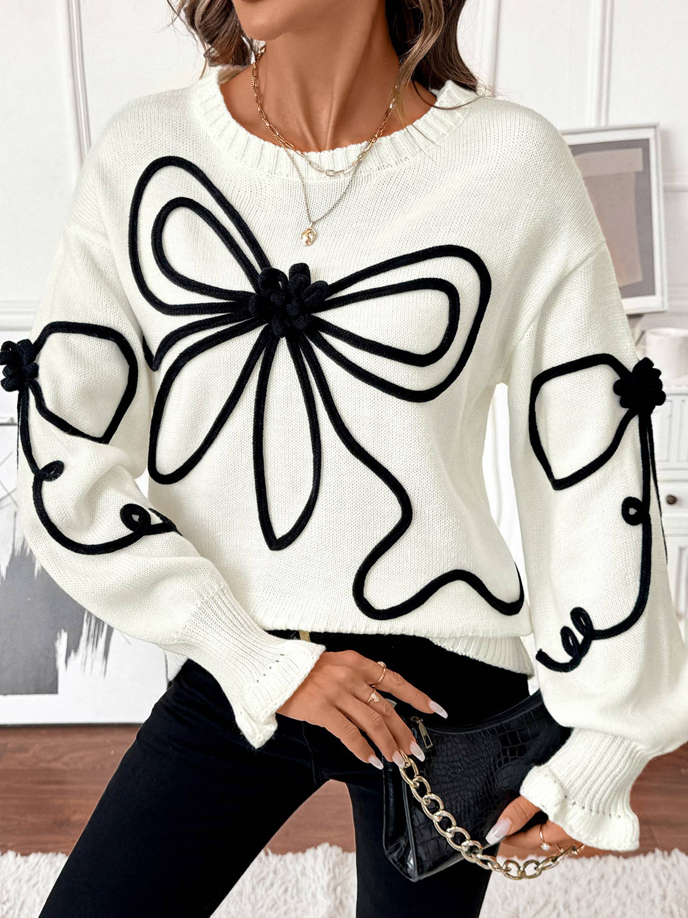 Color-blocking bow pullover long-sleeved sweater
