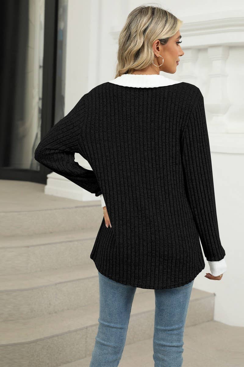 CWTBLL1874_CONTRAST COLOR LAPEL LONG SLEEVE LOOSE TOP