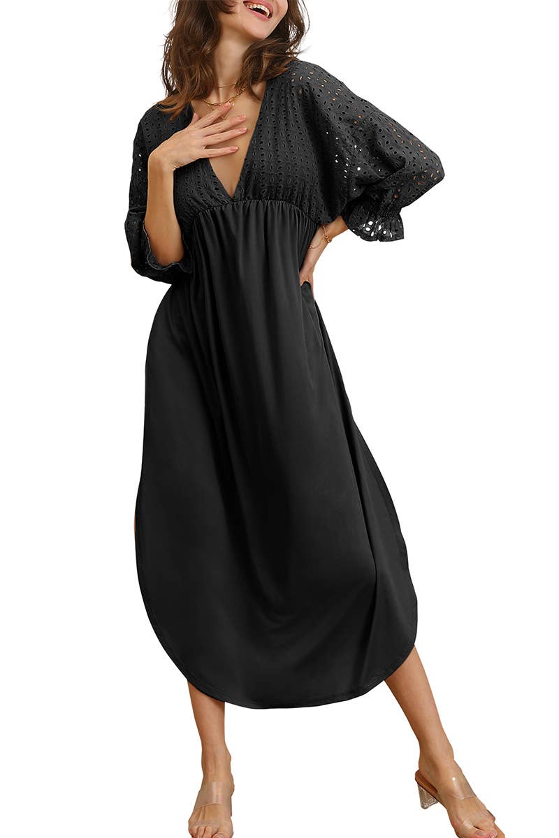 CWDMD795_3/4 SLEEVE V NECK LONG DRESS