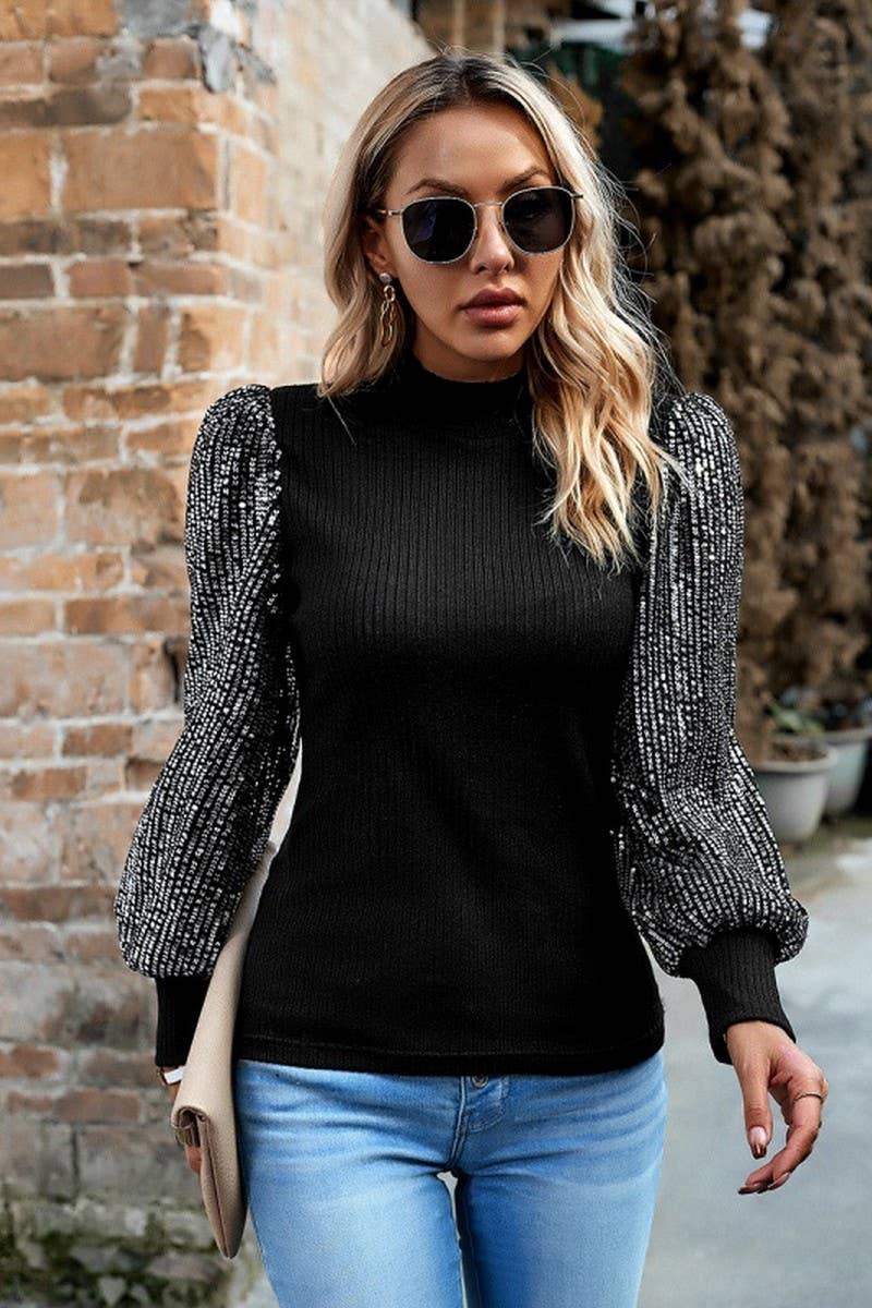 CWOSWL6508_HALF TURTLENECK SEQUIN PANEL KNITTED TOP