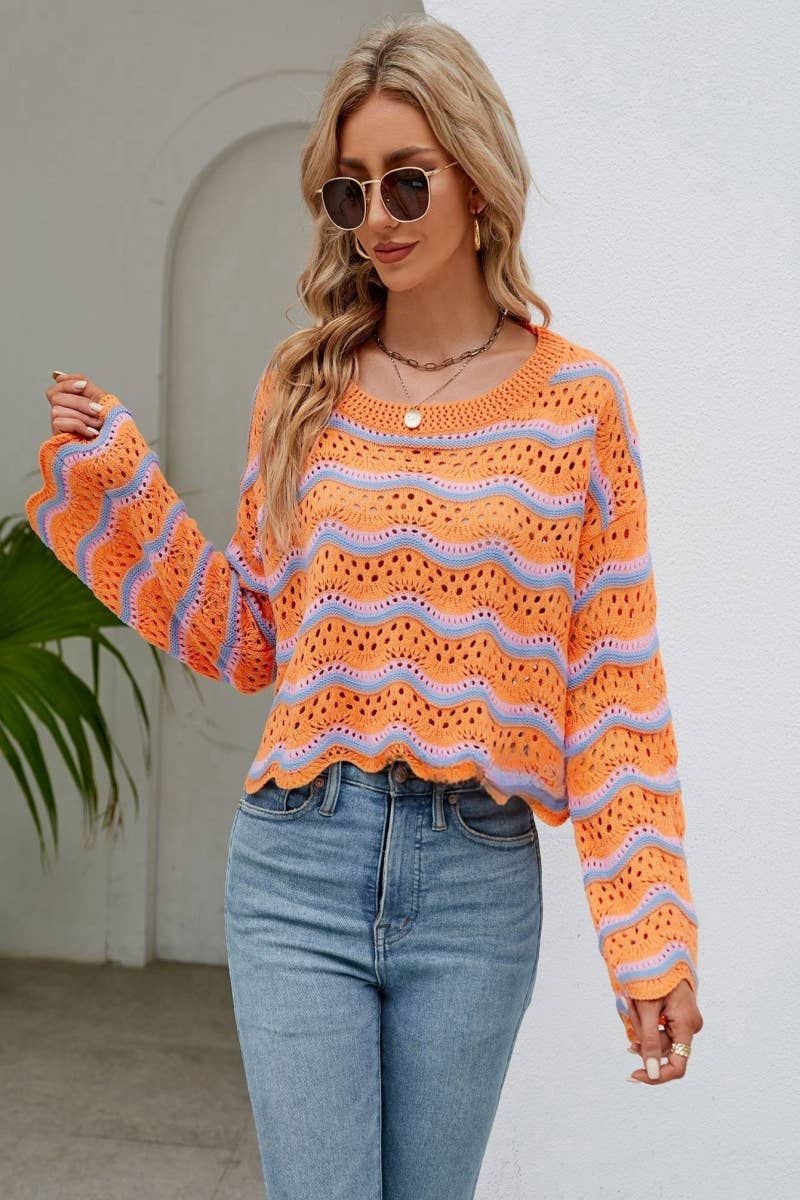 CWOSWL603 Flare Sleeved Round neck Hollowed Out Sweater