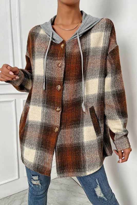 CWTSTL2091_HOODED SINGLE-BREASTED PLAID LONG-SLEEVED COAT