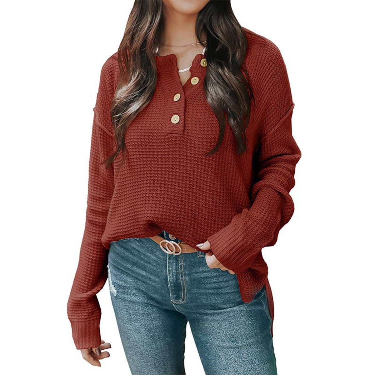 BUTTON-DOWN V-NECK LONG-SLEEVED PULLOVER SWEATER
