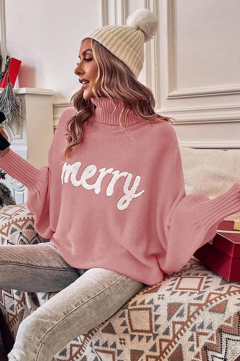 CWOSWL6261_EMBROIDERED BAT SLEEVE CHRISTMAS SWEATER