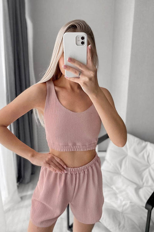 CWSPJ0404_SOLID COLOR KNITTED PAJAMAS THREE-PIECE SET