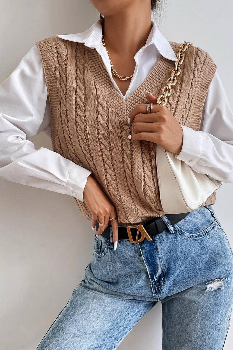 CWOV0577_V-NECK SOLID COLOR CABLE KNIT SWEATER VEST