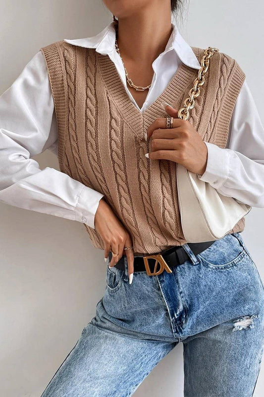 CWOV0577_V-NECK SOLID COLOR CABLE KNIT SWEATER VEST