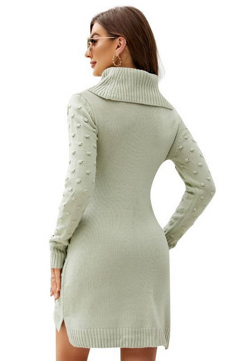 CWDSD5246_SOLID COLOR LONG HIGH COLLAR KNITTED SWEATER DRESS