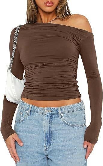 DIAGONAL SHOULDER ASYMMETRICAL SOLID COLOR TOP