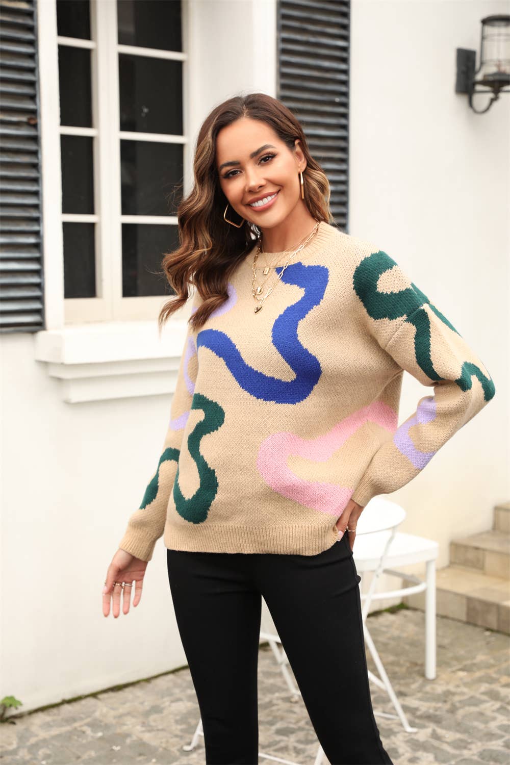 CREW-NECK GEOMETRIC LOOSE PULLOVER SWEATER