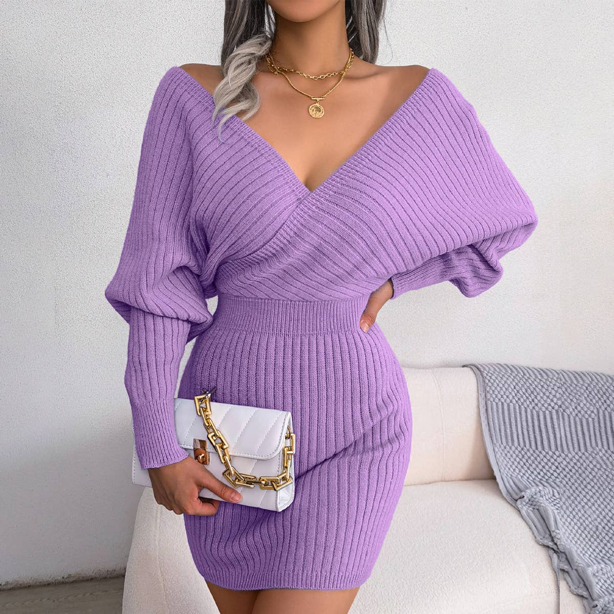 CROSS V-NECK BAT-DRESS DRESS WITH HIP WRAP