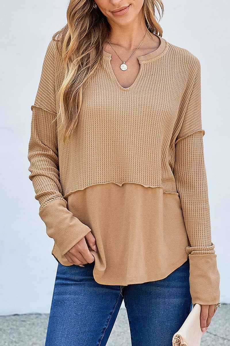 CWTBLL2422_SOLID COLOR PATCHWORK LONGSLEEVE LOOSE SWEATSHIRT